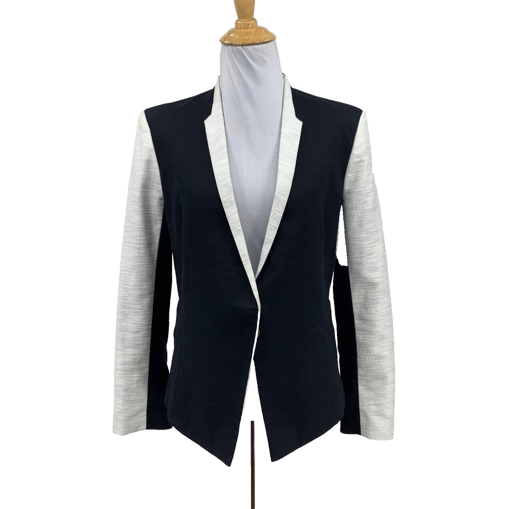Helmut Lang for Intermix Blazer Womens 6 Black White Linen Blend Collarless